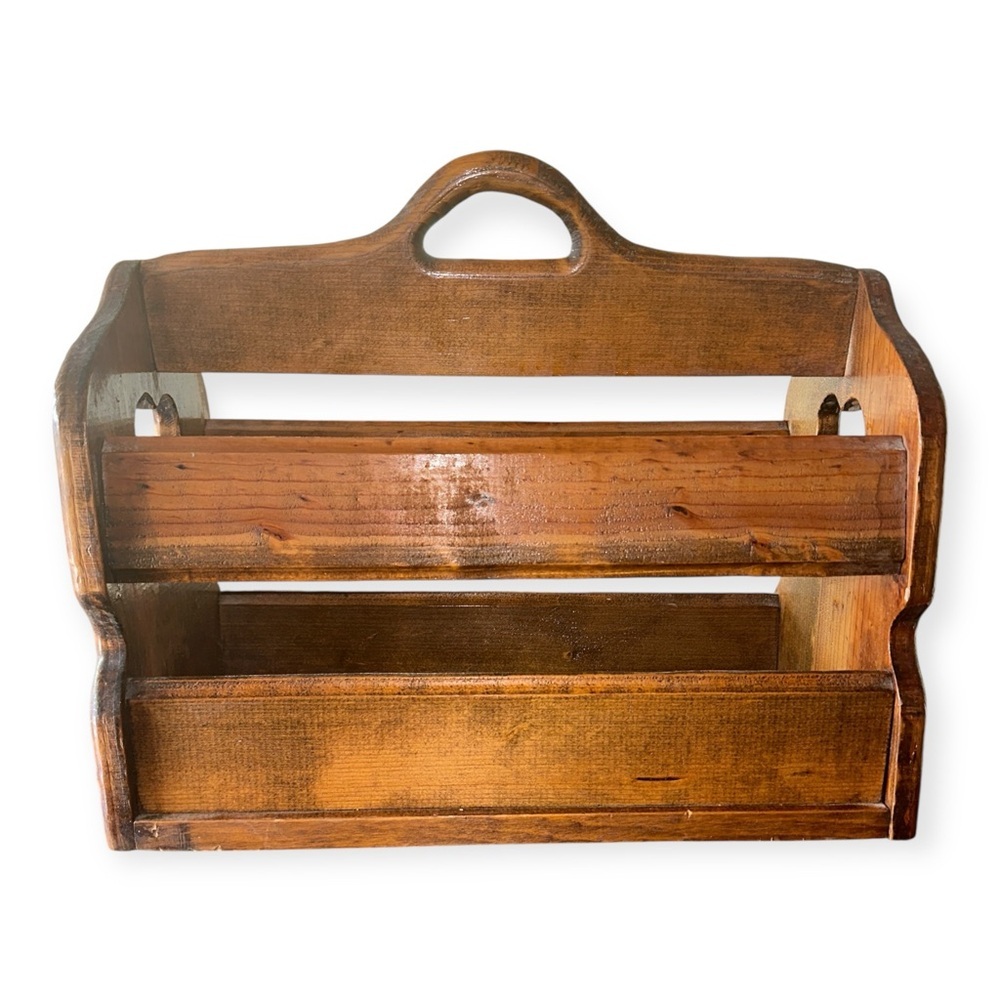 Country Style Wooden Magazine Rack with Handle, Heart Cutouts, 2 Compartments - Picture 2 of 8